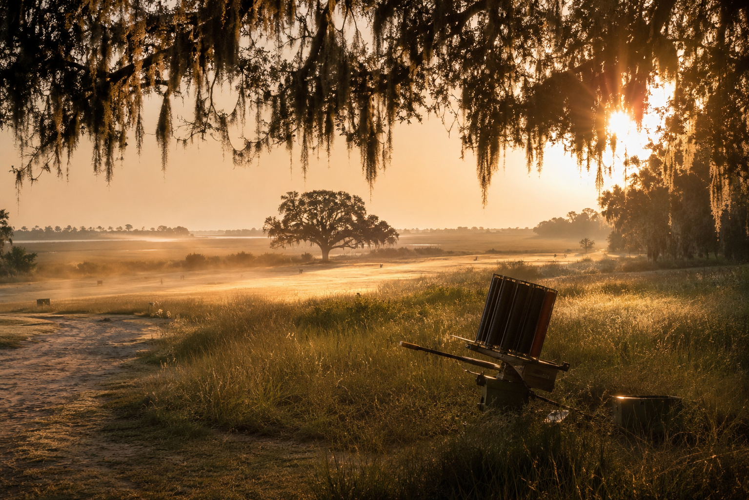 Morning light through live oaks draped with Spanish moss over a Lowcountry field, with a clay target thrower in the foreground